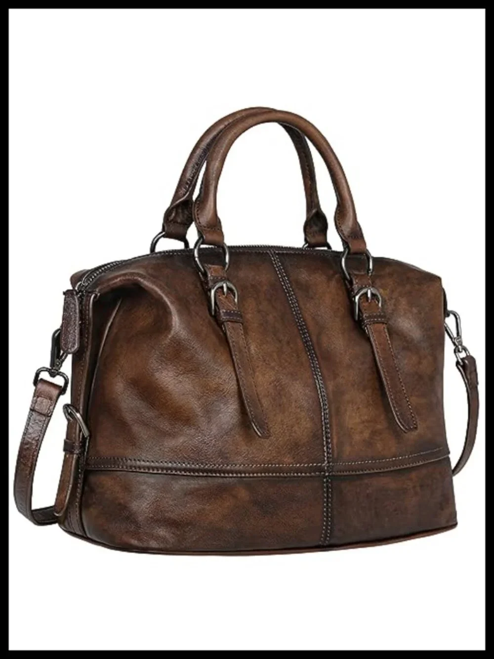 Top-Grain Leather Satchel Tote with Detachable Strap for Women
